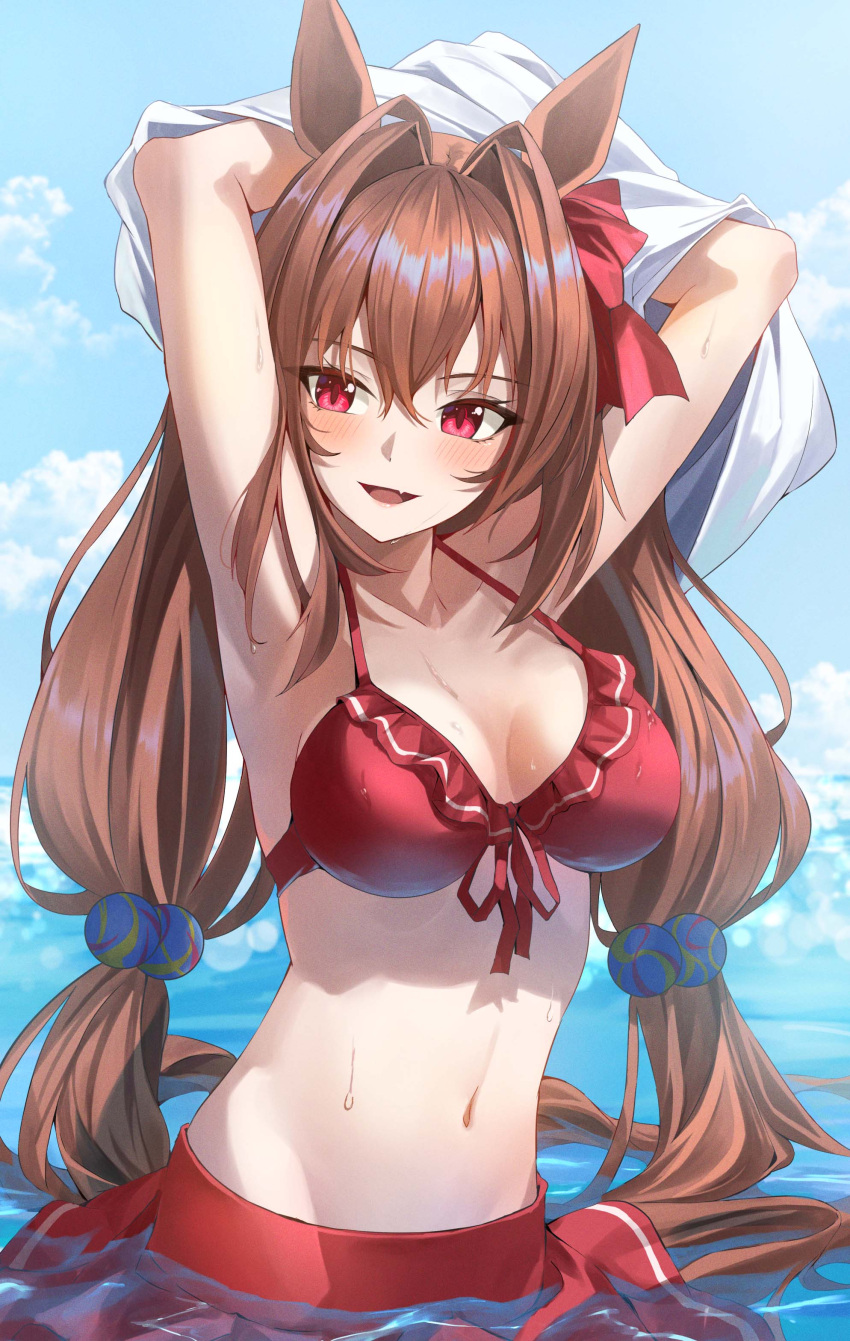 1girl absurdres animal_ears arm_up armpits bikini blush bow breasts brown_hair chakuma_(yiyh1468) cleavage collarbone commentary_request daiwa_scarlet_(trifle_vacation)_(umamusume) daiwa_scarlet_(umamusume) fang groin hair_bow hair_intakes highres horse_ears horse_girl horse_tail long_hair looking_to_the_side navel ocean official_alternate_costume official_alternate_hairstyle open_mouth red_bikini red_eyes skirt smile solo stomach swimsuit tail umamusume undressing very_long_hair water wet