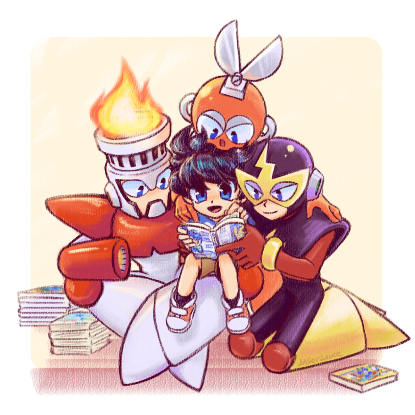 4boys android black_hair blue_eyes book closed_mouth cut_man elec_man fire fire_man highres holding holding_book laser-lance mega_man_(character) mega_man_(classic) mega_man_(series) multiple_boys open_mouth red_footwear seiza shoes short_hair sitting sneakers