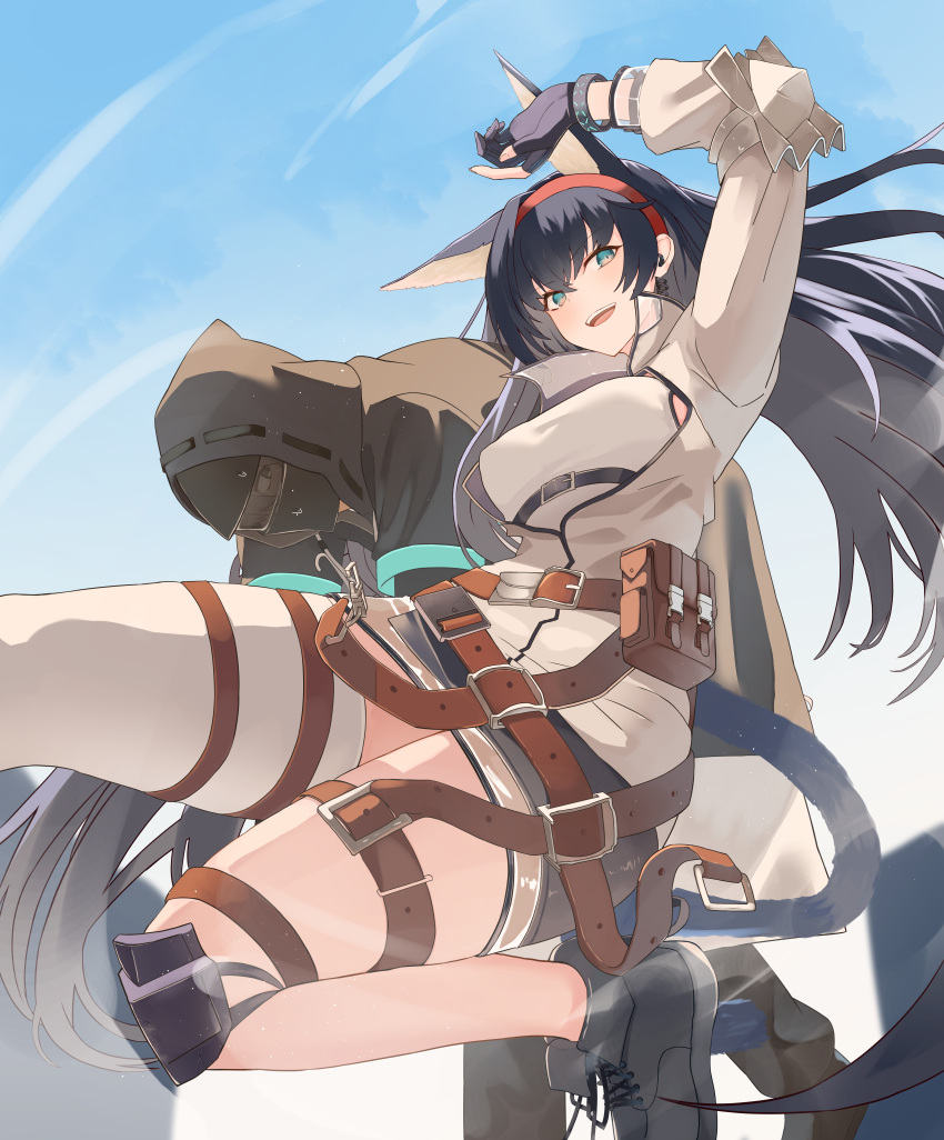 1girl 1other absurdres animal_ears arknights arm_up belt black_coat black_footwear black_gloves black_shorts blaze_(arknights) blue_hair blue_sky breasts brown_belt carrying carrying_person cat_ears cat_tail coat commentary_request doctor_(arknights) fingerless_gloves food gloves green_eyes highres hood hood_up hooded_coat infection_monitor_(arknights) jacket jumping knee_pads looking_at_viewer mask medium_breasts multiple_belts nervous open_mouth partially_fingerless_gloves pocky shirt shorts single_thighhigh sky smile suzubotan tail thighhighs white_jacket white_shirt white_thighhighs