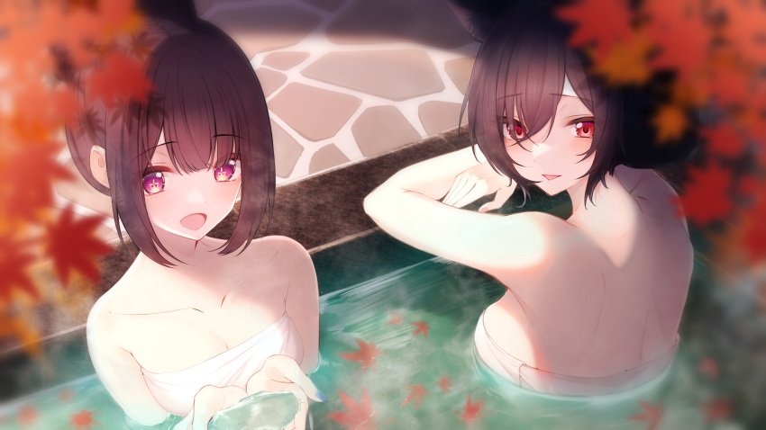 2girls :d absurdres afloat_leaves alternate_hairstyle animal_ear_fluff animal_ears autumn_leaves back bare_shoulders black_hair blurry blurry_foreground blush breasts cat_ears cleavage collarbone commentary_request cross-shaped_pupils cupping_hands eyes_visible_through_hair from_above gradient_eyes hair_between_eyes hair_bun highres hina_misora large_breasts leaf leaf_on_liquid light_blush looking_at_viewer medium_breasts medium_hair megurumiru mitsurugi_lia multicolored_eyes multicolored_hair multiple_girls naked_towel onsen open_mouth own_hands_together partially_submerged pink_eyes raised_eyebrows red_eyes sidelocks smile steam stone_floor symbol-shaped_pupils towel towel_around_breasts virtual_youtuber wactor_production water white_towel yellow_eyes