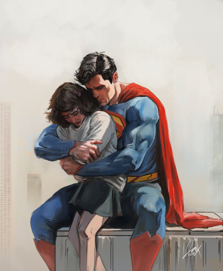 1boy 1girl blurry blurry_background bodysuit cape cityscape closed_eyes cloud cloudy_sky commentary crying dc_comics english_commentary full_body highres hug hug_from_behind imminent_suicide insignia jaxsonderr ledge muscular muscular_male red_cape scene_reference sitting skirt sky superhero superman superman_(series) western_comics_(style) worried