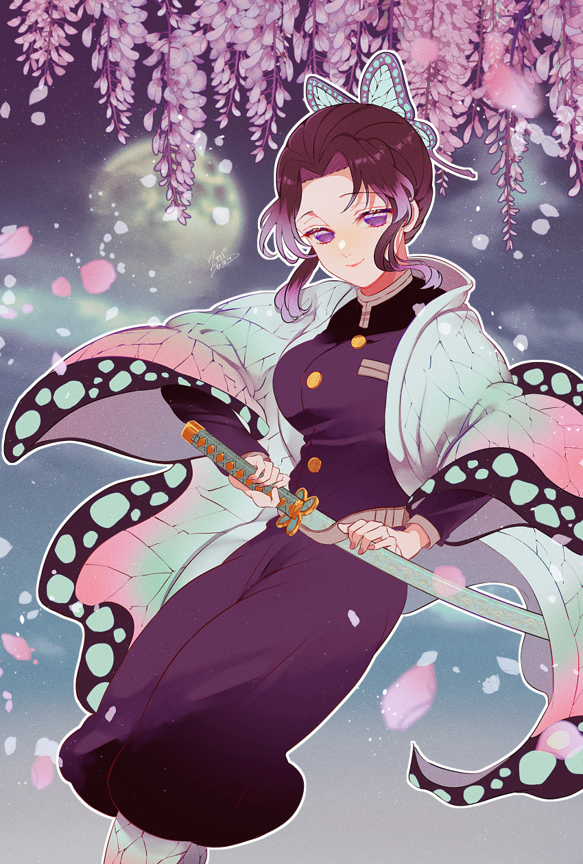 1girl absurdres animal_print black_hair butterfly_hair_ornament butterfly_print demon_slayer_uniform flower gradient_hair hair_ornament haori highres holding holding_sword holding_weapon japanese_clothes katana kimetsu_no_yaiba kochou_shinobu looking_at_viewer moon multicolored_hair night outdoors purple_eyes purple_hair short_hair solo sword weapon wisteria yamada_73