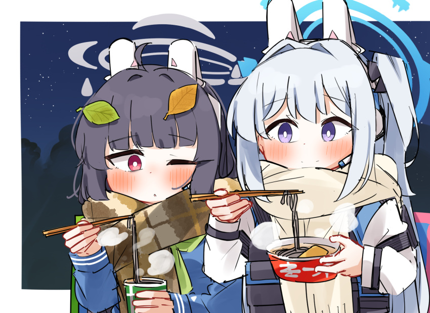 2girls ;o ahoge black_bow black_hair blue_archive blue_shirt blush bow brown_scarf chopsticks closed_mouth comiket_103 commentary_request cup cup_ramen dash_b disposable_cup food green_neckerchief grey_hair hair_bow hair_intakes halo headgear headset highres holding holding_chopsticks holding_cup leaf leaf_on_head long_hair long_sleeves miyako_(blue_archive) miyu_(blue_archive) multiple_girls neckerchief night night_sky noodles one_eye_closed one_side_up parted_lips puffy_long_sleeves puffy_sleeves purple_eyes red_eyes scarf shirt sketch sky smile star_(sky) starry_sky steam upper_body very_long_hair