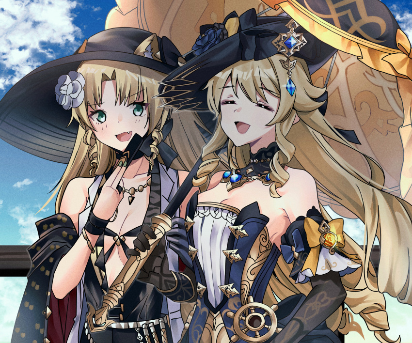 2girls :d ^_^ absurdres animal_ears aqua_eyes arknights bare_shoulders black_dress black_headwear blonde_hair blue_sky breasts cleavage closed_eyes cloud commentary day dress drill_hair drill_sidelocks ears_through_headwear genshin_impact highres holding long_hair multiple_girls navia_(genshin_impact) open_mouth pokarii_zuu sidelocks sky small_breasts smile strapless strapless_dress swire_(arknights) swire_the_elegant_wit_(arknights) tiger_ears very_long_hair