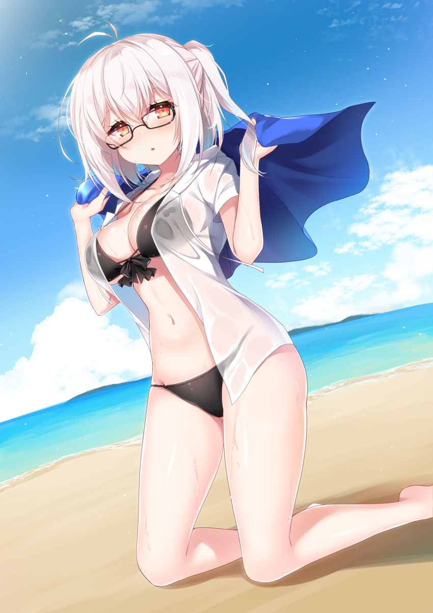 1girl amakarashi antenna_hair beach bikini black_bikini blue_sky breasts cloud collarbone commission glasses highres holding holding_towel kneeling navel ocean open_clothes open_shirt original parted_lips pixiv_commission red_eyes see-through see-through_shirt shadow shirt shore sky solo swimsuit towel wet wet_clothes wet_shirt white_hair