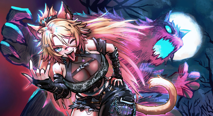 1girl \m/ absurdres animal_ear_fluff animal_ears asymmetrical_legwear bandaid bandaid_on_face bandaid_on_nose belt black_arm_warmers black_belt black_nails blonde_hair blue_eyes breasts cat_ears cat_girl cat_tail chain chest_belt cleavage fingernails freckles full_moon hair_ornament hand_on_own_hip highres indie_virtual_youtuber long_hair looking_at_viewer minster_(dooke) monster_girl moon navel obkatiekat one_eye_closed pants ponytail sharp_fingernails sideboob solo_focus tail teeth tongue tongue_out torn_clothes torn_pants torn_sleeves tree upper_teeth_only very_long_hair virtual_youtuber