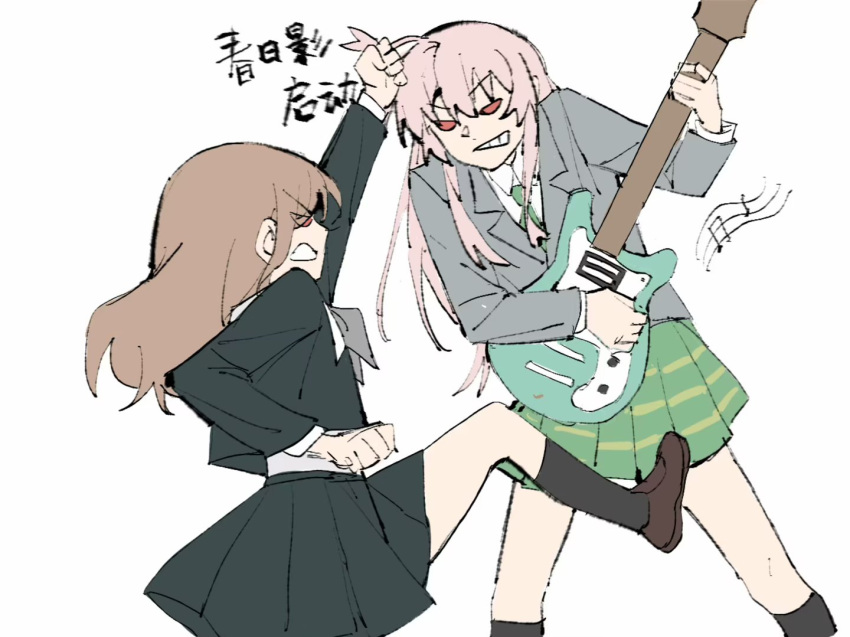 2girls alternate_eye_color bang_dream! bang_dream!_it's_mygo!!!!! black_shirt black_skirt black_socks brown_footwear brown_hair chihaya_anon chinese_commentary collared_shirt commentary_request eighth_note electric_guitar green_skirt grey_jacket grin guitar holding holding_guitar holding_instrument instrument jacket kneehighs long_hair long_sleeves looking_at_another multiple_girls musical_note nagasaki_soyo pink_hair pleated_skirt red_eyes school_uniform serafuku shirt simple_background skirt smile socks staff_(music) white_background white_shirt yanlingjinshilihuahua