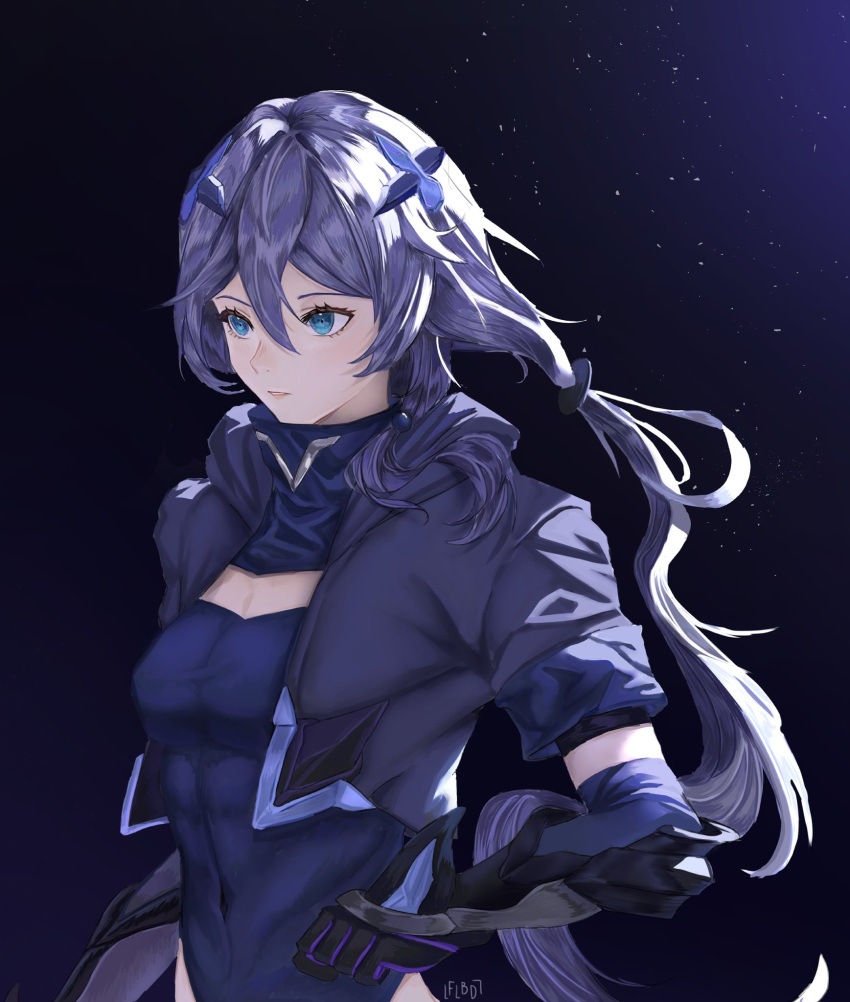 1girl black_bodysuit black_gloves black_jacket blue_eyes blue_hair bodysuit breasts cleavage cleavage_cutout clothing_cutout covered_abs covered_navel elbow_gloves flubstered fu_hua fu_hua_(shadow_knight) gloves grey_hair highres honkai_(series) honkai_impact_3rd jacket long_sleeves low_ponytail medium_breasts official_alternate_costume open_clothes open_jacket parted_lips ponytail solo upper_body