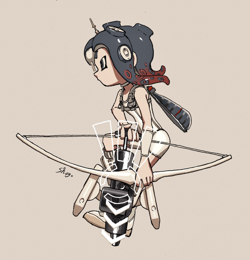 1girl agent_8_(splatoon) artist_name black_eyes black_hair bodysuit bow_(weapon) commentary_request covered_navel eyelashes from_side full_body gradient_hair grey_background highres holding holding_bow_(weapon) holding_weapon ink_tank_(splatoon) medium_hair multicolored_hair octoling octoling_girl octoling_player_character red_hair shogo_(shogo70449442) simple_background sleeveless sleeveless_bodysuit solo splatoon_(series) splatoon_3 splatoon_3:_side_order tentacle_hair tri-stringer_(splatoon) two-tone_hair weapon white_bodysuit