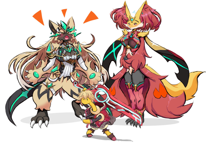 anthro big_breasts blushily breasts canid canine claws claws_out clothed clothing cosplay crossover crossover_cosplay delphox featureless_crotch female fox fur fur_pattern generation_2_pokemon generation_6_pokemon group jacket male mammal mythra_(xenoblade) nintendo pantsless pokemon pokemon_(species) pyra_(xenoblade) red_body red_fur shuckle shulk tan_body tan_fur topwear trio yellow_body yellow_fur yellow_skin