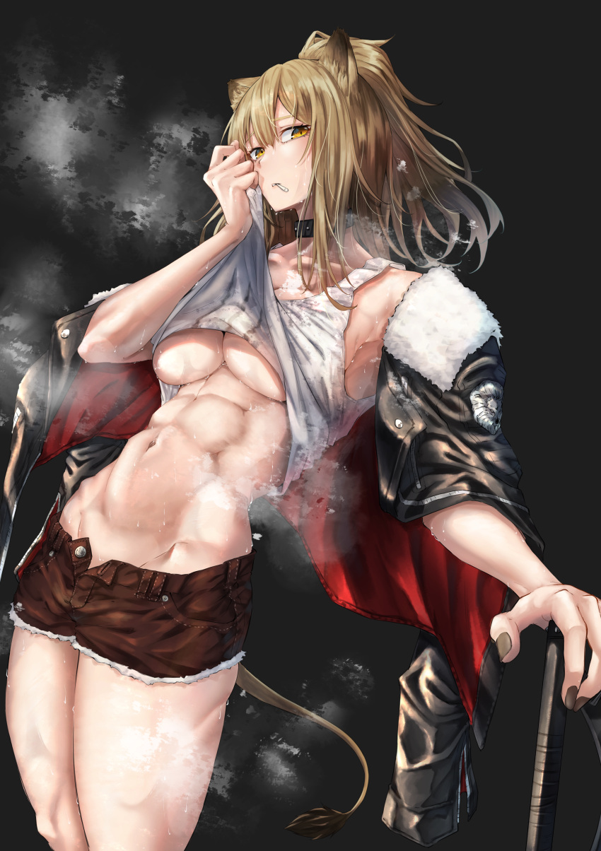 1girl abs absurdres animal_ear_fluff animal_ears arknights armpit_peek black_background black_choker black_nails breasts brown_hair choker clothes_lift collarbone cowboy_shot cutoffs food_in_mouth fur-trimmed_jacket fur_trim groin highres jacket kuromu large_breasts leather leather_jacket lion_ears lion_tail looking_at_viewer medium_bangs medium_hair midriff muscular muscular_female nail_polish navel open_fly ponytail shirt_lift short_shorts shorts siege_(arknights) solo standing steam steaming_body stomach sweat sweatdrop tail tank_top thick_thighs thighs unbuttoned underboob unworn_jacket wiping_face wiping_sweat yellow_eyes