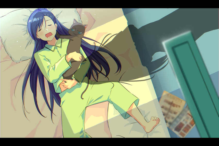 2girls aika_granzchesta akira_ferrari andanden animal aria_(manga) asymmetrical_bangs barefoot bed_sheet black_cat blue_hair cat closed_eyes foot_out_of_frame from_above green_pajamas highres hime_granzchesta holding holding_animal holding_cat indoors long_hair long_sleeves lying multiple_girls on_back on_bed open_mouth pajamas pillow shadow sleeping soles toes very_long_hair