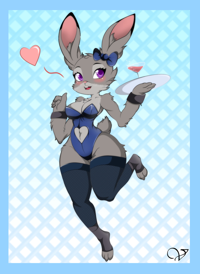 2016 anthro blush bunnsuit clothing disney female fur grey_fur judy_hopps lagomorph legwear long_ears looking_at_viewer mammal open_mouth purple_eyes rabbit simple_background solo stockings teeth zootopia zzvinniezz