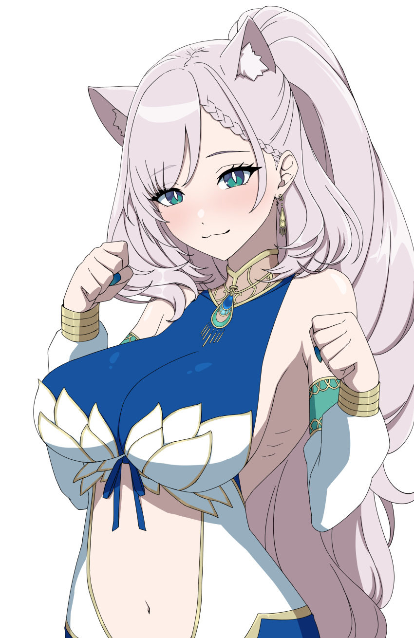 1girl absurdres animal_ear_fluff animal_ears blue_dress blue_eyes blue_nails blush breasts cat_ears cleavage clothing_cutout daydarion detached_sleeves dress grey_hair high_ponytail highres hololive hololive_indonesia large_breasts long_hair nail_polish navel pavolia_reine pavolia_reine_(1st_costume) ponytail sleeveless sleeveless_dress stomach_cutout very_long_hair virtual_youtuber white_background white_sleeves