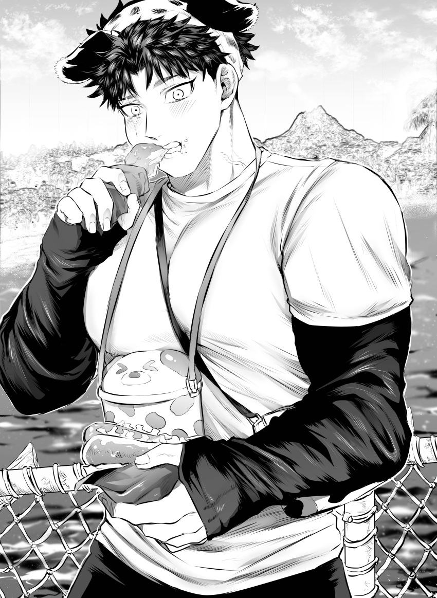 1boy absurdres animal_ears bara blush cloud day eating fake_animal_ears food greyscale highres holding holding_food hot_dog large_pectorals male_focus monochrome muscular muscular_male original outdoors pants pectorals shirt short_hair sky sny_yrd67 solo teeth