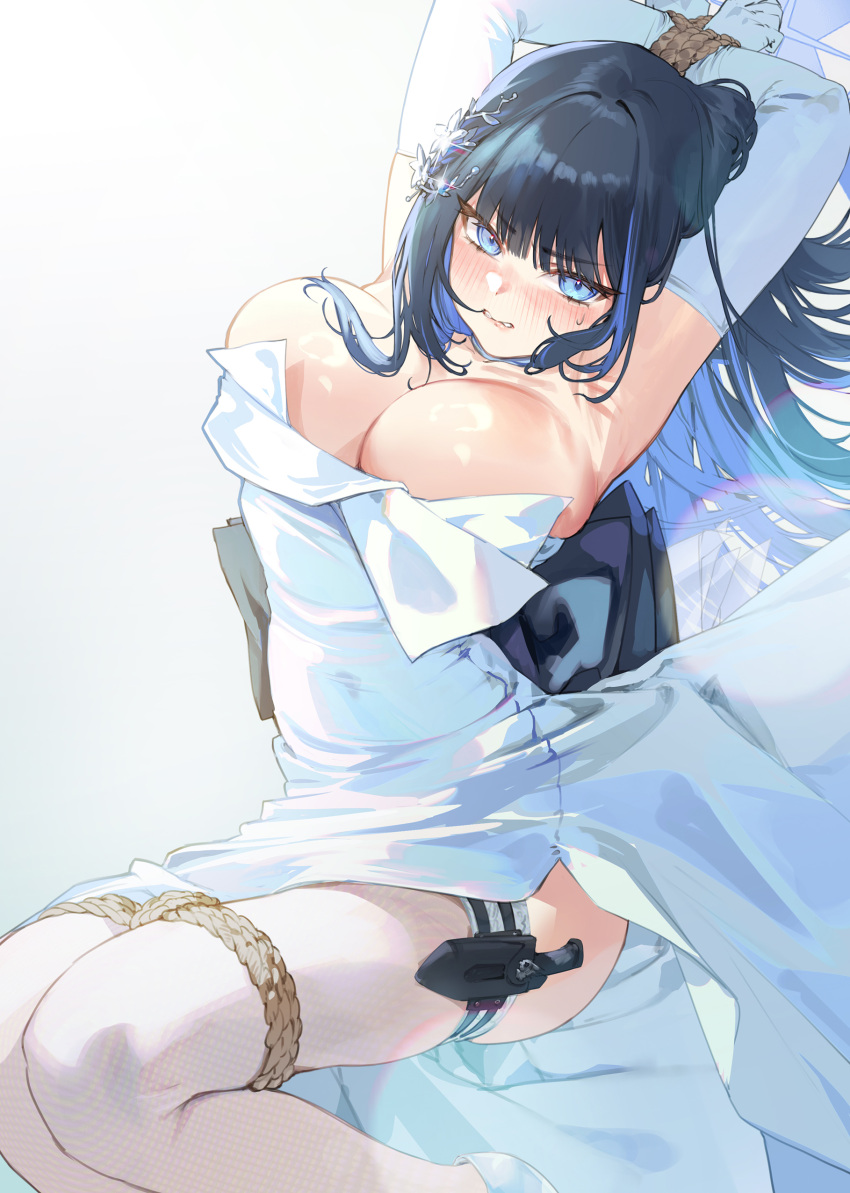 1girl absurdres armpits arms_up black_bow black_hair blue_archive blue_eyes blue_hair blush bound bound_wrists bow breasts cleavage colored_inner_hair commentary_request dress dress_bow elbow_gloves embarrassed gloves highres holster knife_sheath kokko_(kokko3045) large_breasts long_hair looking_at_viewer multicolored_hair restrained saori_(blue_archive) saori_(dress)_(blue_archive) sheath side_slit simple_background solo thigh_holster white_background white_dress white_gloves