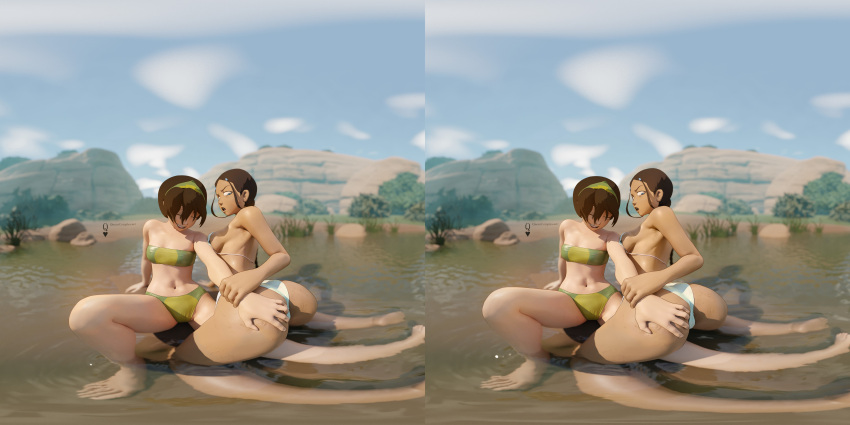 2girls 3d absurdres artist_name ass ass_grab avatar:_the_last_airbender avatar_legends barefoot bikini black_hair blue_eyes blue_sky breasts brown_hair cloud commentary dark-skinned_female dark_skin english_commentary green_bikini green_hairband green_tube_top hairband half-closed_eyes highres holding_another's_wrist katara kneeling large_breasts long_hair looking_down mountain multiple_girls navel outdoors paid_reward_available panorama partially_submerged pond queen_complex sideboob sky small_breasts stereogram strapless surprised swimsuit thighs toes toph_bei_fong tree tube_top web_address wet white_bikini yuri