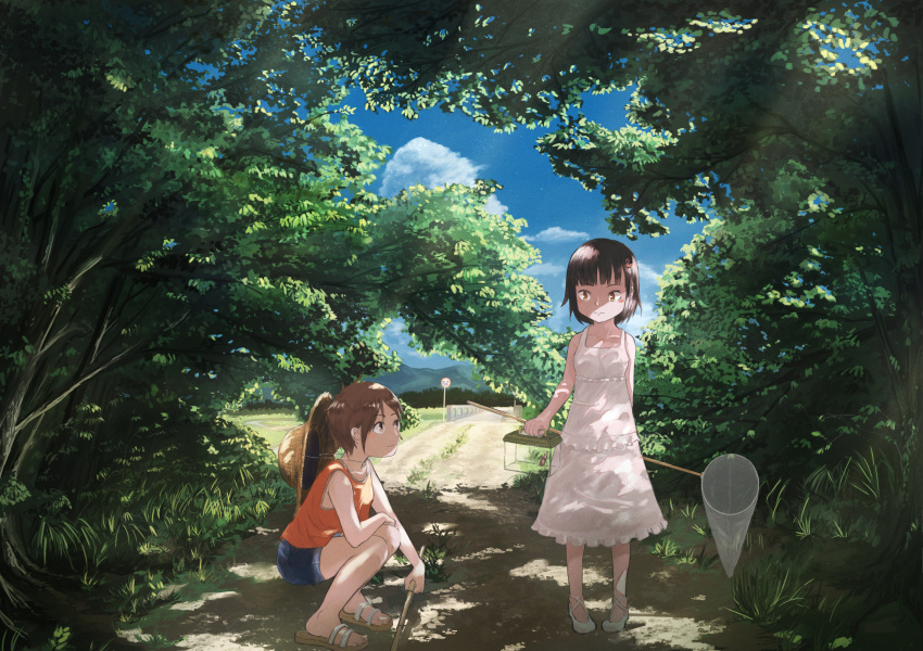 2girls blue_shorts breasts brown_eyes brown_hair bug closed_mouth commentary_request dappled_sunlight day dress film_grain hat highres inami_hatoko ladybug_hair_ornament multiple_girls nature net orange_shirt original outdoors road shirt short_hair shorts sleeveless sleeveless_dress sleeveless_shirt slippers small_breasts squatting straw_hat summer sun_hat sundress sunlight tree unworn_hat unworn_headwear white_dress