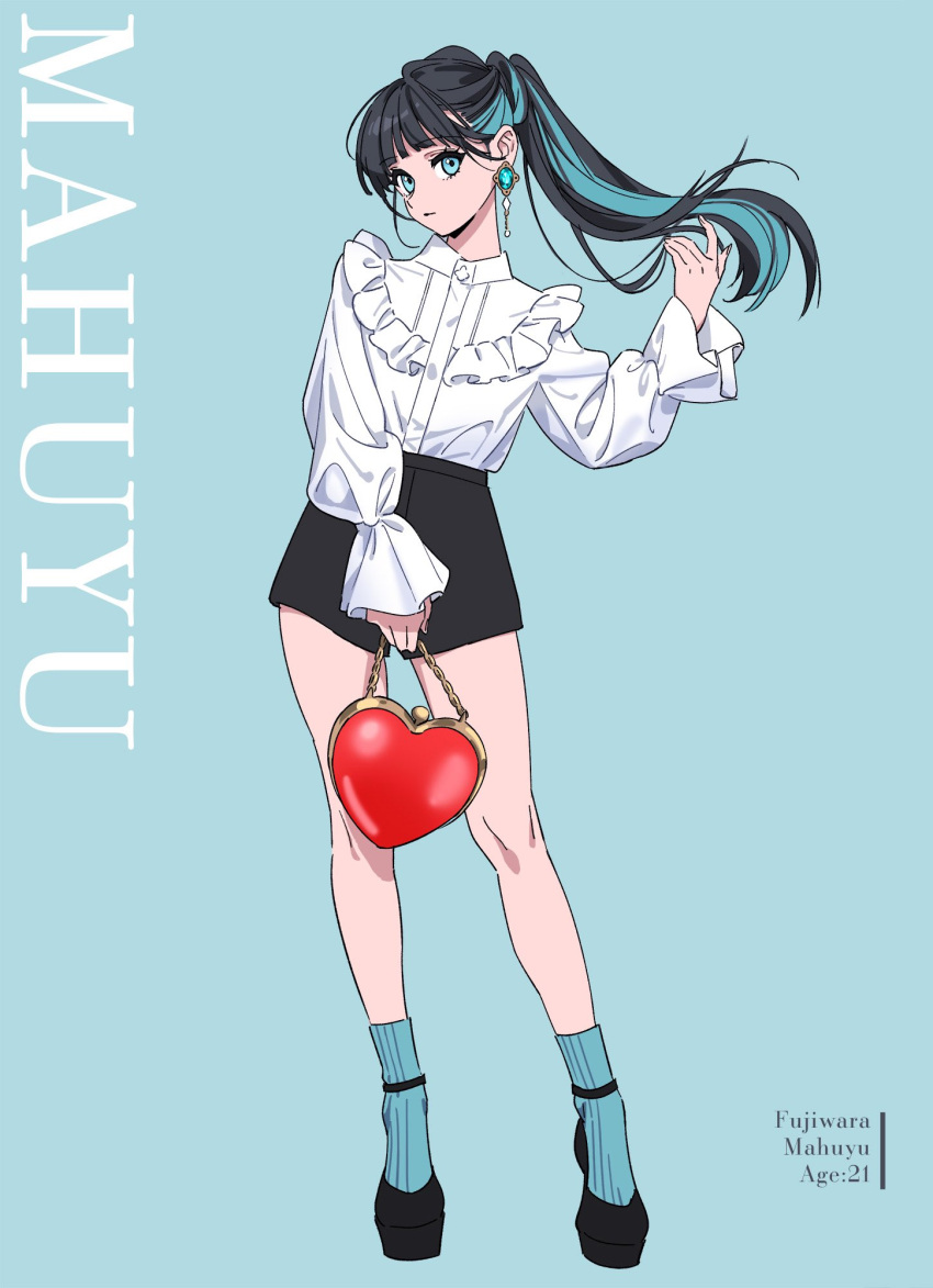 1girl adjusting_hair black_hair black_shorts blue_eyes blue_hair blue_socks commission earrings frilled_shirt_collar frills full_body heart-shaped_bag high-waist_shorts highres jewelry long_hair looking_at_viewer moya_(toatomoot) multicolored_hair original platform_footwear platform_heels ponytail shirt shorts skeb_commission socks solo two-tone_hair white_shirt