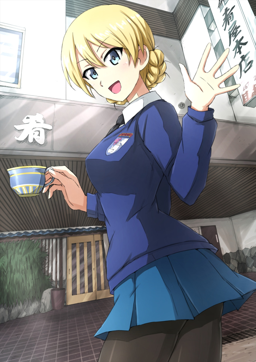 1girl aqua_eyes black_necktie black_pantyhose blonde_hair blue_skirt blue_sweater blush braid collared_shirt commentary cowboy_shot cup darjeeling_(girls_und_panzer) day dress_shirt emblem french_braid from_side girls_und_panzer highres holding holding_cup long_sleeves looking_at_viewer miniskirt necktie omachi_(slabco) open_mouth outdoors pantyhose pleated_skirt school_uniform shirt short_hair skirt smile solo st._gloriana's_(emblem) st._gloriana's_school_uniform standing sweater teacup twin_braids waving white_shirt wing_collar