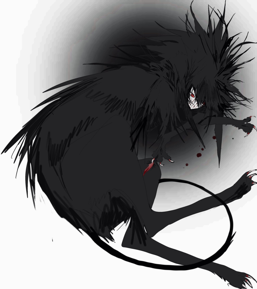 animal animal_feet animal_focus black_fur black_hair black_tail claws creature full_body highres injury kamikiririp lying no_humans original red_eyes self-harm sphinx two-tone_background white_background