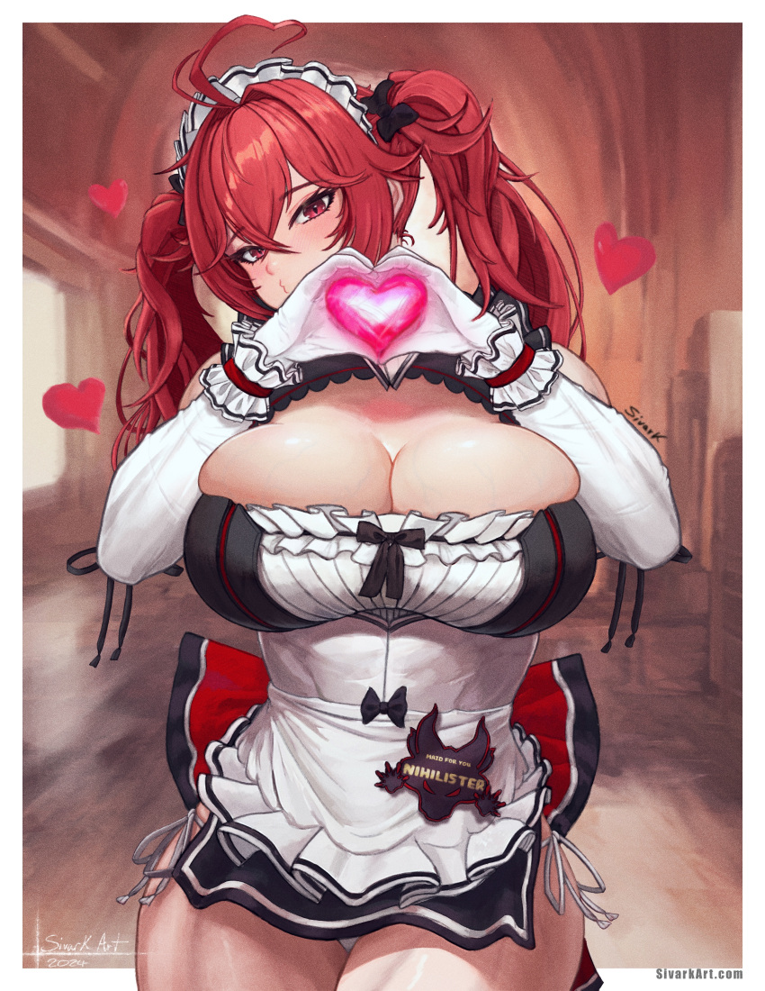 1girl absurdres antenna_hair black_dress breasts cleavage crossed_bangs dress elbow_gloves gloves goddess_of_victory:_nikke hair_between_eyes heart heart_hands highres indoors large_breasts long_hair looking_at_viewer maid muscular muscular_female nihilister_(nikke) panties puckered_lips red_eyes red_hair sivarkart sleeveless sleeveless_dress solo standing twintails underwear valentine white_gloves white_panties