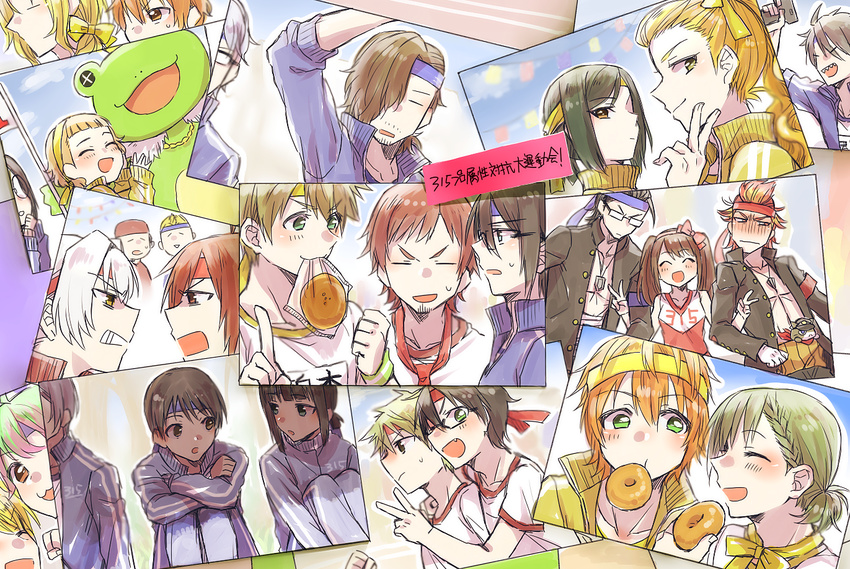 akai_suzaku akiyama_hayato akuno_hideo altessimo amagase_touma animal_costume bad_id bad_pixiv_id black_hair blonde_hair bread brown_hair dramatic_stars enjouji_kiyoka facial_hair food frog_costume glasses goatee green_hair hair_slicked_back hanamura_shouma hazama_michio himeno_kanon idolmaster idolmaster_side-m ijuuin_hokuto iseya_shiki jacket kaerre kagura_rei kashiwagi_tsubasa kiyosumi_kurou kizaki_ren kurono_genbu maita_rui male_focus mizushima_saki multicolored_hair multiple_boys nekoyanagi_kirio okamura_nao orange_hair otoko_no_ko photo_(object) pink_hair red_hair s.e.m sai_(idolmaster) sakuraba_kaoru shinsoku_ikkon sports_festival sweatdrop tendou_teru track_jacket tsuzuki_kei two-tone_hair uzuki_makio wakazato_haruna yamashita_jirou yuurinmoku