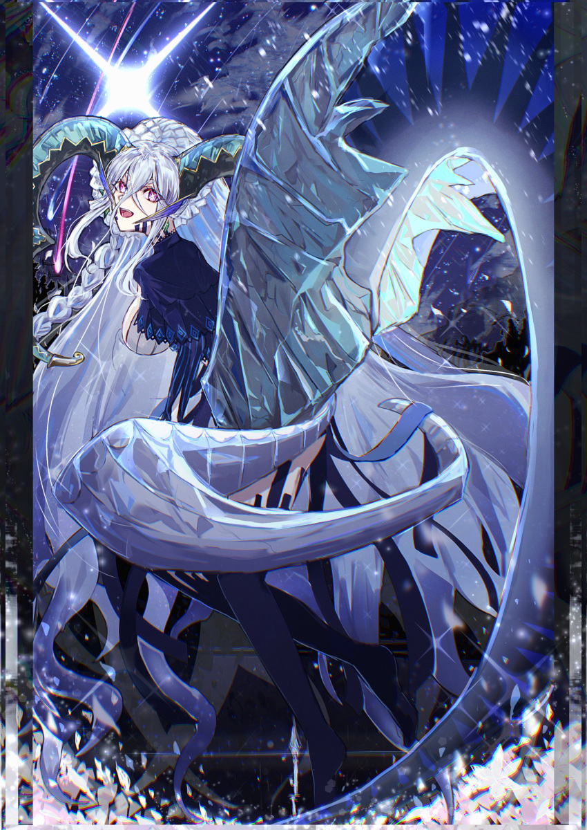 1girl absurdres anohito_(amaruno110) blue_hair blue_thighhighs braid breasts fate/grand_order fate_(series) highres horns large_breasts larva_tiamat_(fate) larva_tiamat_(third_ascension)_(fate) long_hair pink_eyes symbol-shaped_pupils tail thighhighs tiamat_(fate) very_long_hair