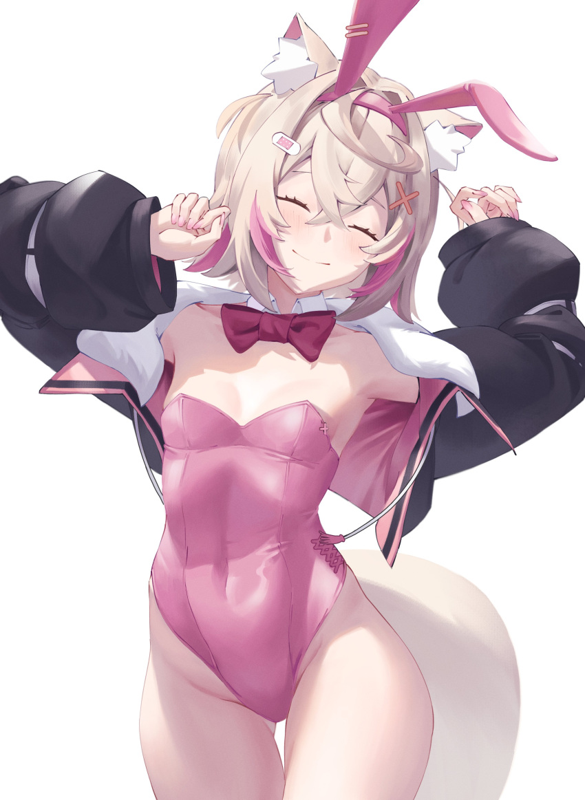 1girl absurdres animal_ears bandaid bandaid_hair_ornament black_jacket blonde_hair blush breasts closed_eyes closed_mouth collar detached_collar dog_ears dog_girl dog_tail fake_animal_ears fur-trimmed_jacket fur_trim hair_ornament highres hololive hololive_english jacket leotard mococo_abyssgard multicolored_hair pink_hair pink_leotard pink_nails playboy_bunny rabbit_ears revil0l small_breasts smile solo strapless strapless_leotard streaked_hair tail virtual_youtuber white_collar x_hair_ornament