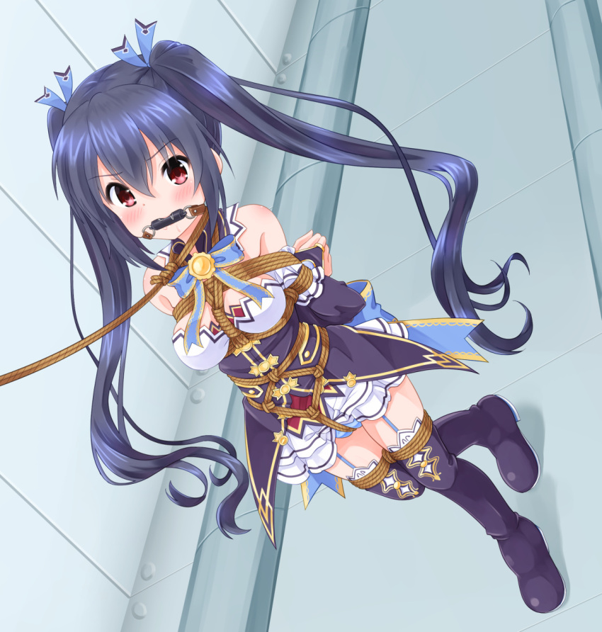 bdsm bit_gag bondage bound bound_arms choujigen_game_neptune gag gagged highres mukanata neptune_(series) noire_(neptunia) restrained shibari shibari_over_clothes