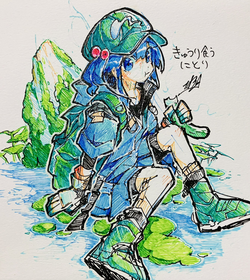 1girl adapted_costume backpack bag blue_eyes blue_hair blue_jacket blue_skirt boots closed_mouth doggo_1d34 full_body gloves green_bag green_footwear green_headwear hair_bobbles hair_ornament highres holding jacket kawashiro_nitori kingfisher knee_up long_sleeves medium_hair nature nitori_day outdoors outline pleated_skirt rock shikishi signature sitting skirt socks solo touhou traditional_media water white_gloves white_outline