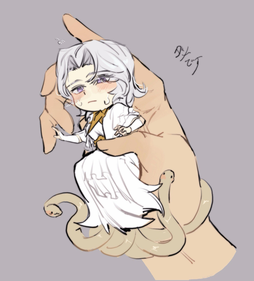 1boy 1girl animal blush dark_souls_(series) dark_souls_i dark_sun_gwyndolin dress grey_hair highres holding_miniperson long_sleeves male_focus mini_person miniboy pink_eyes short_hair short_sleeves simple_background snake solo_focus sweat white_dress zunkome