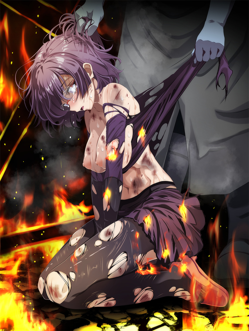 1boy 1girl between_legs black_pantyhose blue_skin breasts bruise colored_skin fire forced_exposure glasses grabbing_another's_hair hand_between_legs highres injury kneeling large_breasts medium_hair miniskirt navel nipples open_mouth pantyhose pokemon pokemon_bw purple_hair purple_shirt purple_skirt rimless_eyewear shauntal_(pokemon) shirt skirt tears torn_clothes torn_pantyhose torn_shirt torn_skirt tsukishiro_saika