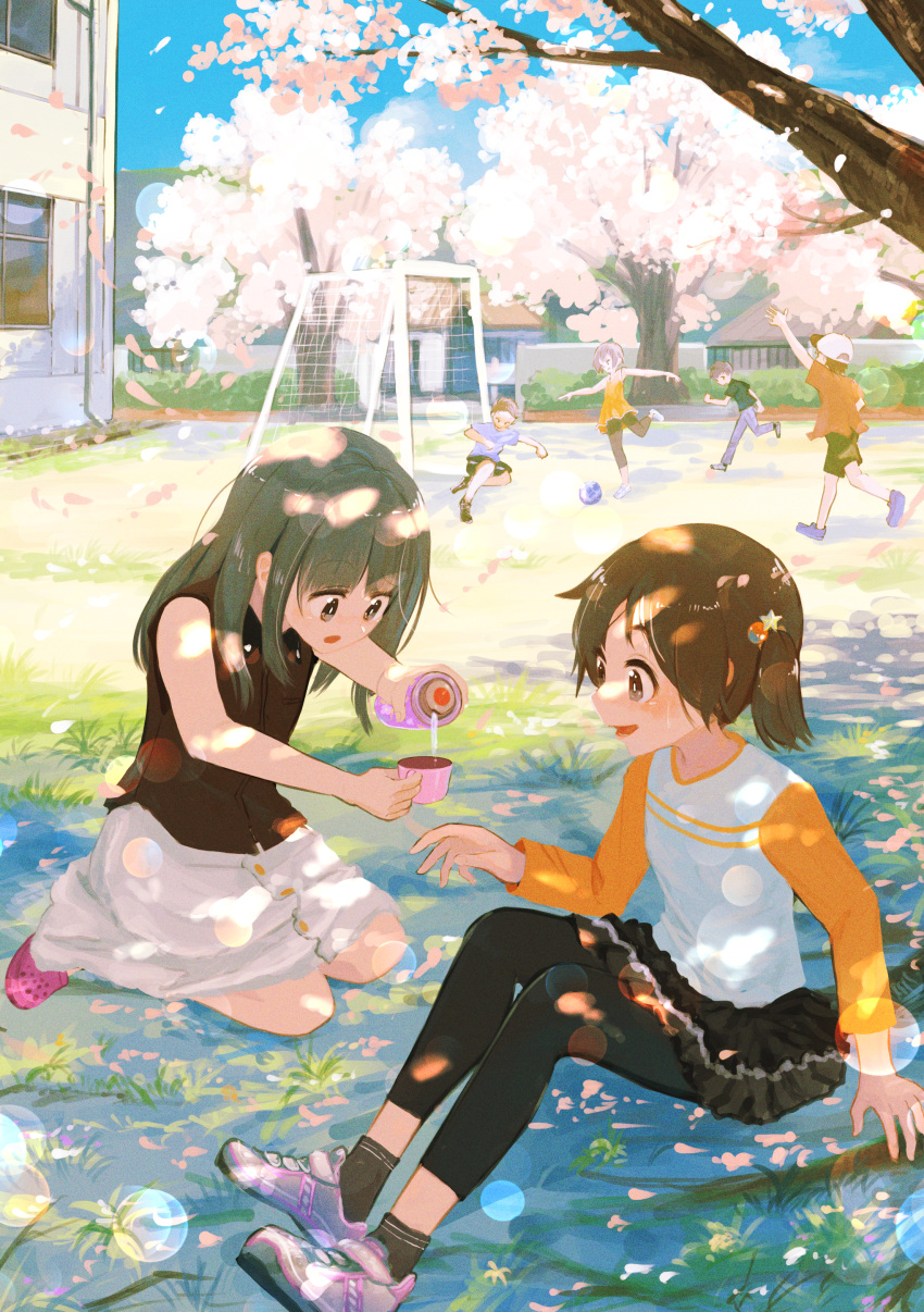 3girls absurdres ball baseball_cap black_pants black_shirt black_shorts black_skirt blurry blush bokeh brown_hair building cherry_blossoms commentary dappled_sunlight depth_of_field english_commentary falling_petals goal grass green_hair grey_hair grey_pants hat highres holding_thermos inami_hatoko long_hair multiple_girls on_ground open_mouth original outdoors pants pants_under_skirt petals pink_footwear pouring seiza shirt short_hair short_twintails shorts sitting skirt sleeveless sleeveless_shirt soccer soccer_ball sunlight thermos tree twintails white_shirt white_skirt yoga_pants