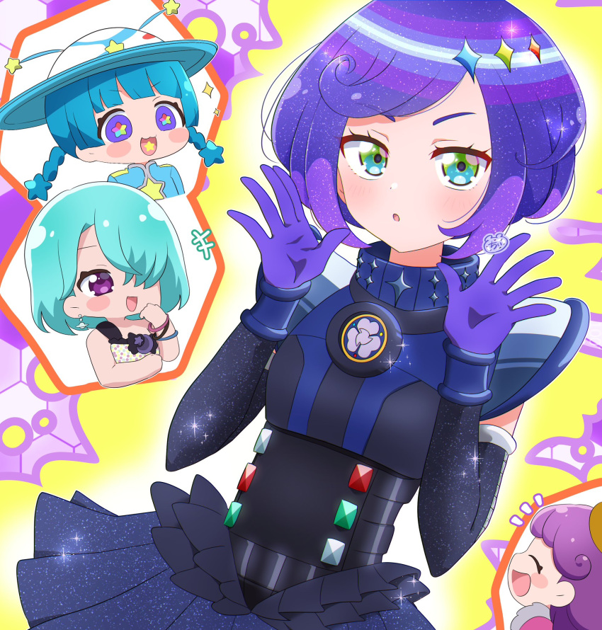 4girls :d bell black_dress blue_hair blunt_bangs bracelet braid character_request chibi chii_(chi_pppuri) cowbell cropped_torso dress elbow_gloves gem ginga_sadame gloves green_eyes hair_over_one_eye hands_up hat high_school!_kiratto_pri_chan highres hojo_cosmo jewelry kiratto_pri_chan long_hair looking_at_viewer multiple_girls open_hands open_mouth pretty_series pripara purple_eyes purple_gemstone purple_hair shido_mel short_hair smile solo_focus sparkle_hair_ornament star-shaped_pupils star_(symbol) swept_bangs symbol-shaped_pupils twin_braids