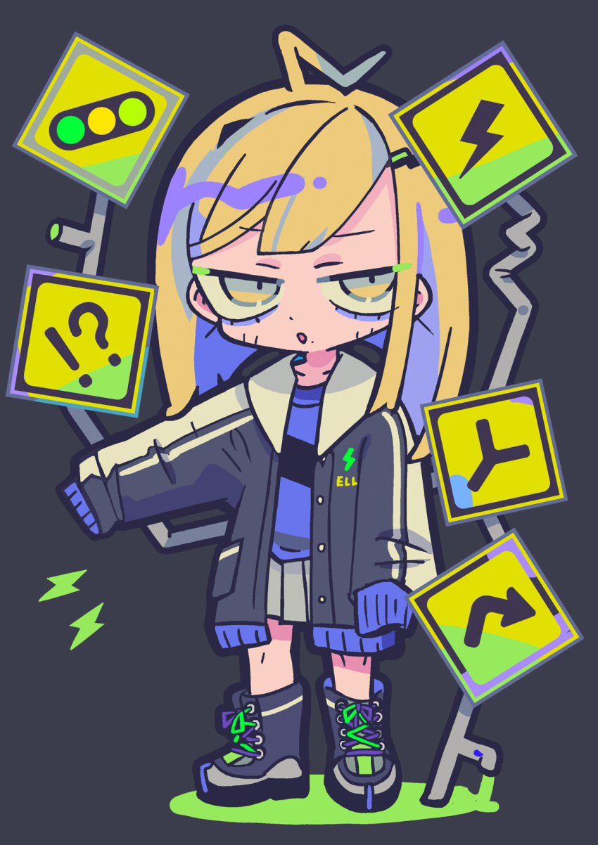 1girl :o ahoge androgynous black_footwear black_jacket blonde_hair blue_eyeshadow blue_hair blue_shirt chibi collarbone eyeshadow grey_background grey_eyes grey_skirt highres jacket lightning_bolt_symbol long_hair long_sleeves looking_at_viewer makeup mole mole_under_mouth multicolored_hair open_clothes open_jacket open_mouth original pleated_skirt shirt sign simple_background skirt sleeves_past_fingers sleeves_past_wrists solo standing terada_tera two-tone_hair