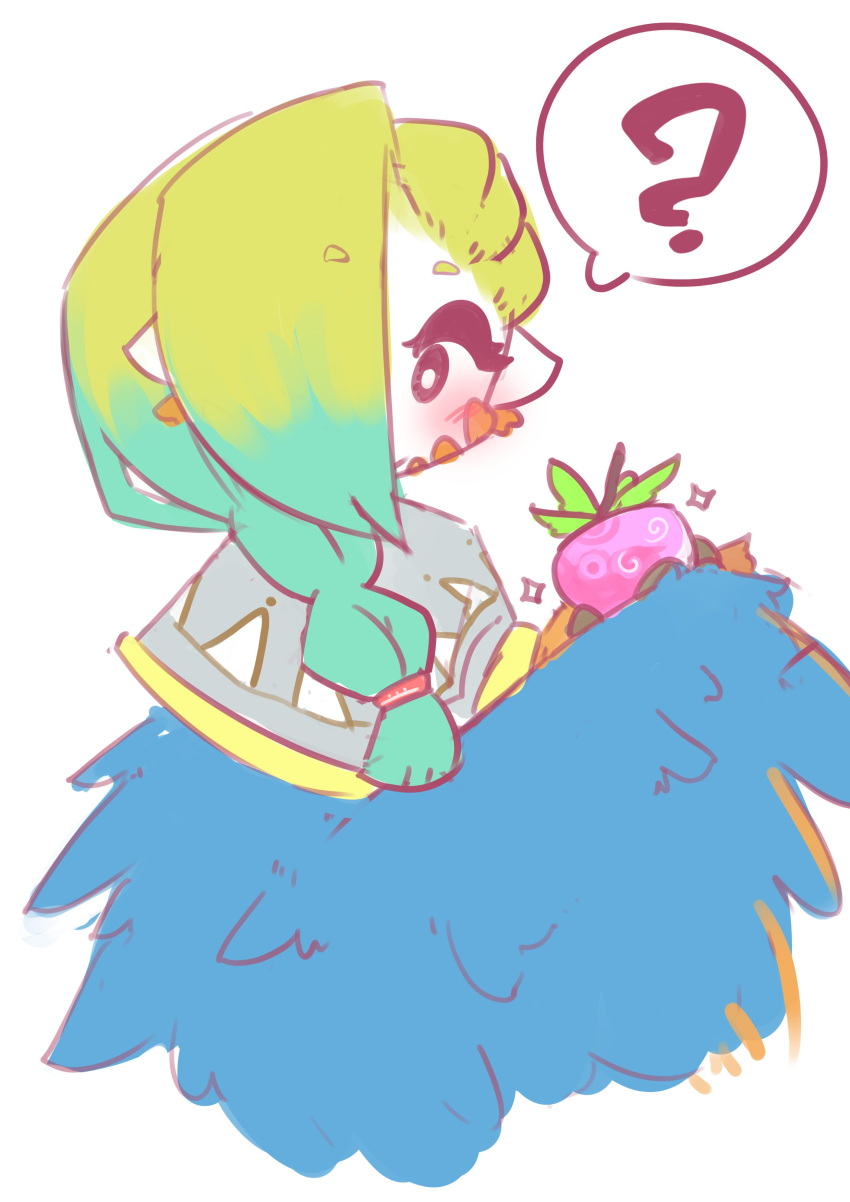 1girl ? absurdres animal_ears bird_ears blonde_hair blue_feathers blush braid bright_pupils feathers food fruit gradient_hair green_hair grey_poncho hair_over_one_eye harpy highres holding holding_food holding_fruit long_hair mako_(eogks) monster_girl multicolored_hair nn_(eogks) original simple_background solo spoken_question_mark two-tone_wings white_background white_pupils winged_arms wings