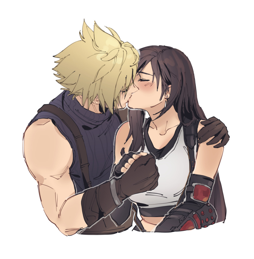 1boy 1girl bare_shoulders black_gloves black_tank_top blonde_hair blush breasts brown_gloves brown_hair closed_eyes cloud_strife collarbone couple earrings elbow_gloves english_commentary final_fantasy final_fantasy_vii final_fantasy_vii_rebirth final_fantasy_vii_remake fingerless_gloves gloves hand_on_another's_shoulder hands_up hetero highres holding holding_hands jewelry kiss long_hair medium_breasts muscular muscular_male pudelmudel purple_sweater short_hair sidelocks simple_background sleeveless sleeveless_sweater standing suspenders sweater tank_top tifa_lockhart turtleneck upper_body white_background white_tank_top