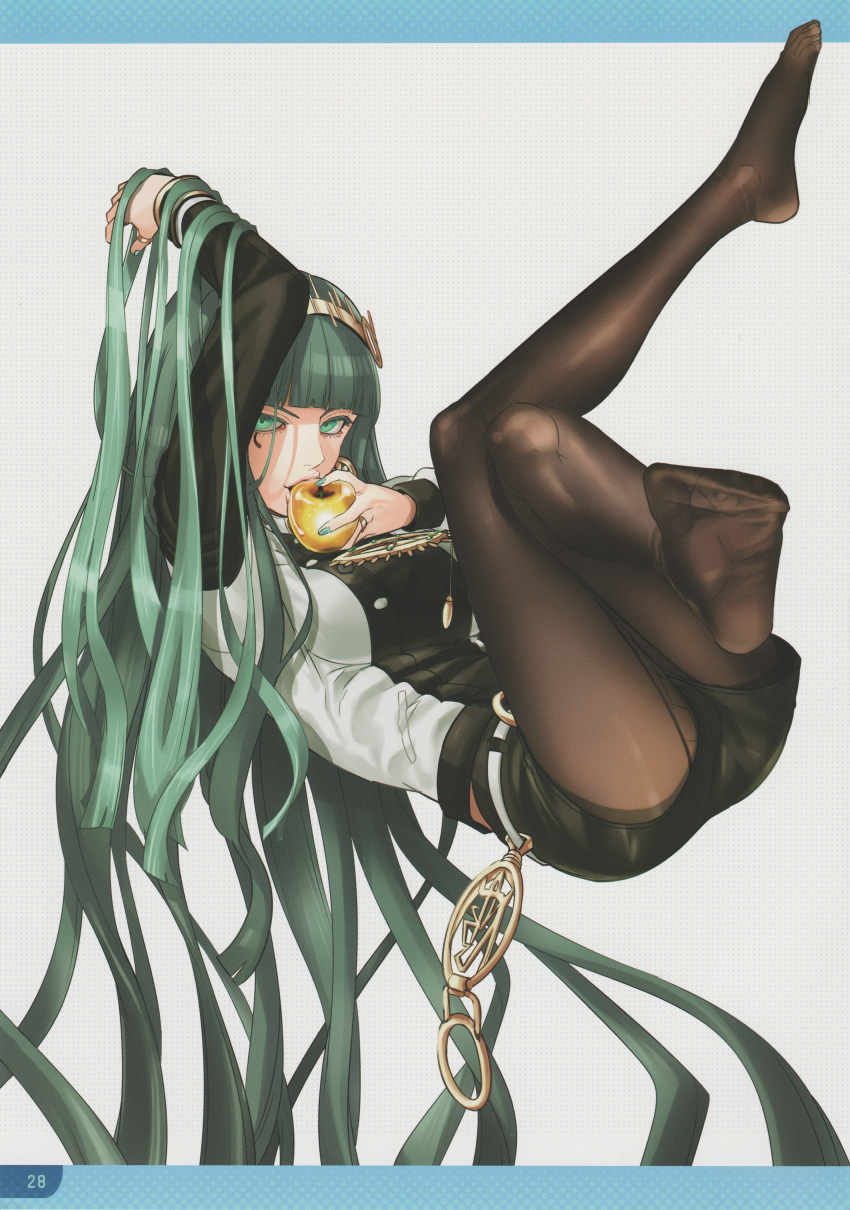 1girl absurdres apple armlet cleopatra_(fate) crossed_legs earrings fate/grand_order fate_(series) feet food fruit green_hair hairband highres jewelry knees_together_feet_apart legs long_hair looking_at_viewer no_shoes pantyhose ring soles takenoko_seijin thumb_ring toes white_background yellow_hairband