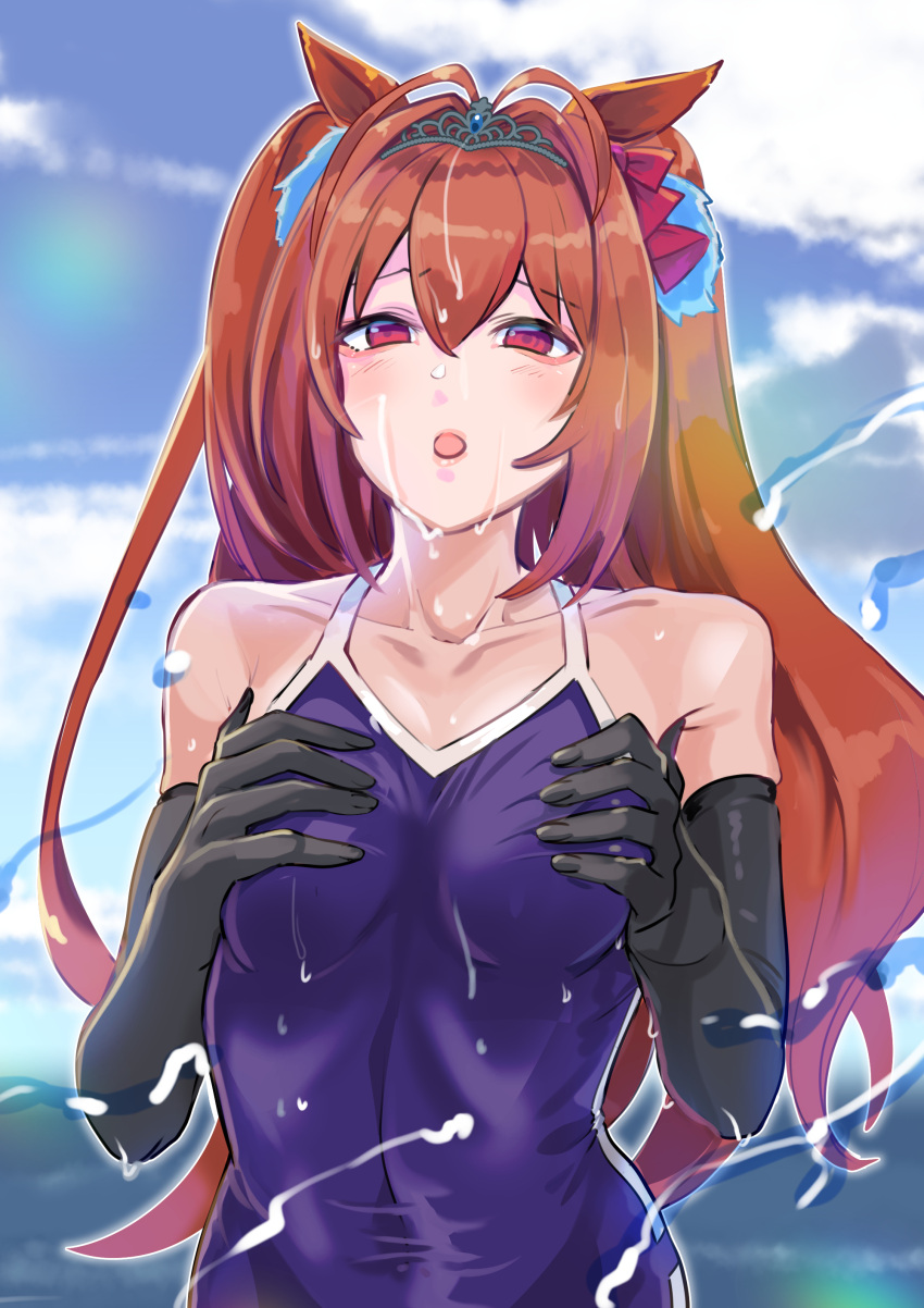 1girl absurdres animal_ears antenna_hair bare_shoulders black_gloves blue_one-piece_swimsuit blue_sky breasts breasts_squeezed_together cloud cloudy_sky commentary_request competition_school_swimsuit covered_navel daiwa_scarlet_(umamusume) doushi_tatsu_to_dekkai_no elbow_gloves gloves grabbing_own_breast hair_between_eyes hair_intakes highres horse_ears horse_girl long_hair looking_at_viewer medium_breasts one-piece_swimsuit open_mouth outdoors red_hair school_swimsuit simple_background sky solo swimsuit tracen_swimsuit twintails umamusume upper_body very_long_hair wet wet_clothes wet_swimsuit