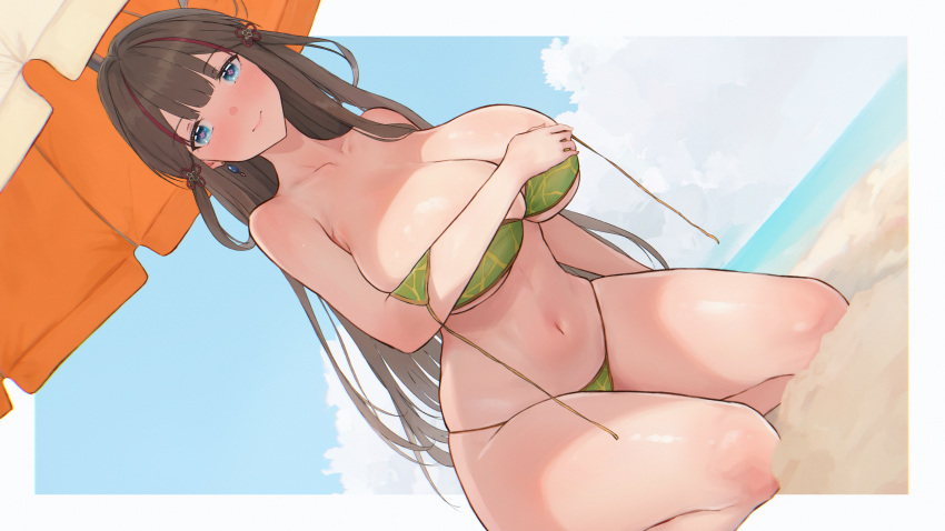 +_+ 1girl absurdres beach beach_umbrella bikini blue_eyes bouncing_breasts breasts brown_hair chinese_knot cloud collarbone commission commissioner_upload covering_breasts covering_privates crested_ibis dan-98 earrings flower-shaped_pupils food fruit fruit_print green_bikini hair_ornament hair_rings highres horizon huge_breasts jewelry long_hair melon melon_print mismatched_earrings multicolored_hair navel ocean outdoors pink_pupils pixiv_commission red_hair sand senran_kagura senran_kagura_estival_versus senran_kagura_new_link solo streaked_hair swimsuit symbol-shaped_pupils thighs toki_(senran_kagura) two-tone_hair umbrella untied_bikini_top