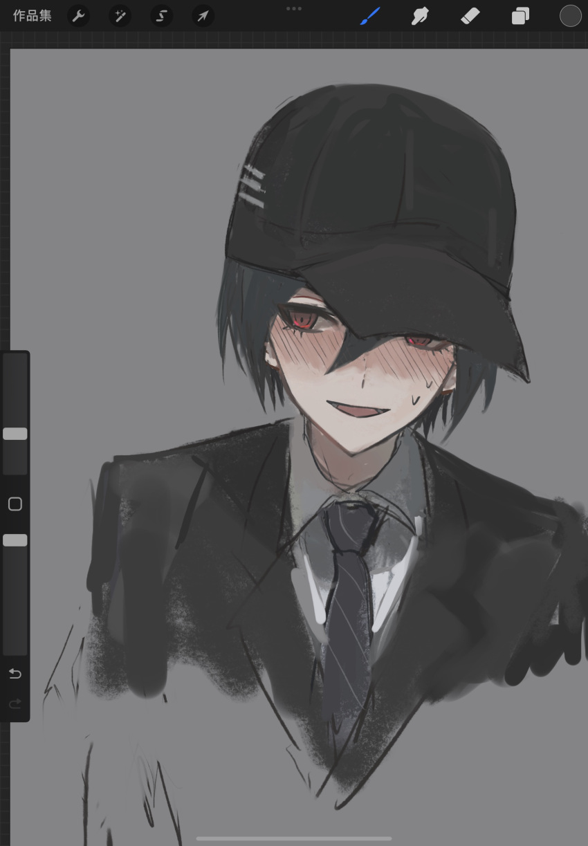 1boy :d black_headwear black_jacket blush collared_shirt cropped_torso danganronpa_(series) danganronpa_v3:_killing_harmony fu_ga_(vivi912912) grey_shirt highres jacket male_focus necktie official_alternate_costume saihara_shuichi shirt smile striped_necktie sweat