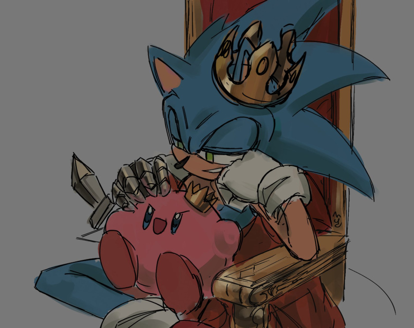 2boys animal_ears animal_nose bad_id bad_twitter_id blue_eyes crossover crown furry furry_male gauntlets gloves green_eyes half-closed_eyes head_rest highres kirby kirby_(series) male_focus multiple_boys single_gauntlet sitting sitting_on_lap sitting_on_person smile sonic_(series) sonic_the_hedgehog white_gloves yangfaa_sonic