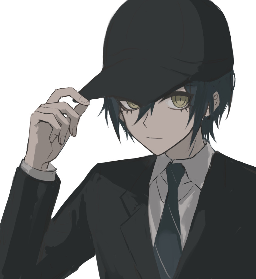 1boy absurdres black_headwear black_jacket brown_eyes collared_shirt danganronpa_(series) danganronpa_v3:_killing_harmony fu_ga_(vivi912912) grey_shirt hair_between_eyes hand_up highres jacket long_sleeves looking_at_viewer male_focus necktie official_alternate_costume saihara_shuichi shirt simple_background solo striped_necktie white_background