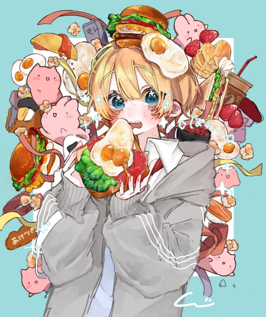 1girl 9_jira artist_name blonde_hair blue_background blue_eyes blue_shirt blush bread bread_slice burger cat cheese collared_shirt cup disposable_cup drink drinking_straw egg_(food) fish_(food) food food_on_head fried_egg fried_egg_on_toast fruit grey_jacket hair_between_eyes heart heart_in_eye highres hood hood_down hooded_jacket ikura_(food) jacket lettuce nigirizushi object_on_head omelet omurice onigiri open_clothes open_jacket open_mouth original pancake pancake_stack popcorn rabbit ribbon roe sandwich sharp_teeth shirt short_hair signature simple_background sleeves_past_wrists solo sparkle strawberry sushi sweat symbol_in_eye teeth toast tomato tomato_slice umbrella_octopus upper_body white_shirt wing_collar