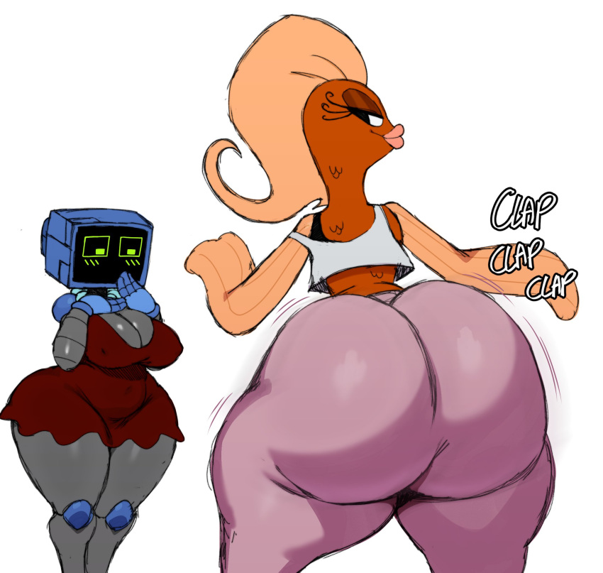 2024 anthro big_breasts big_butt blush breasts butt cleavage clothed clothing duo female fish half-closed_eyes hi_res humanoid karen_plankton machine marine narrowed_eyes nickelodeon orange_body orange_gills robot robot_humanoid simple_background spongebob_squarepants sssonic2 suzie_groove thick_thighs white_background