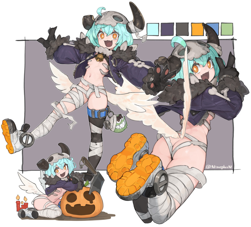 +_+ 1girl :d animal_hands ass axe bandages bell black_gloves black_thighhighs blue_hair breasts bright_pupils broken_horn butt_crack candle color_guide commission cropped_jacket fang from_behind fur-trimmed_jacket fur_trim gloves highres horns jack-o'-lantern jacket looking_at_viewer looking_back low_wings n9+ navel open_clothes open_jacket orange_eyes original paw_gloves purple_jacket shoes single_thighhigh skeb_commission skin_fang skull_on_head small_breasts smile solo standing standing_on_one_leg thighhighs twitter_username v white_pupils wings