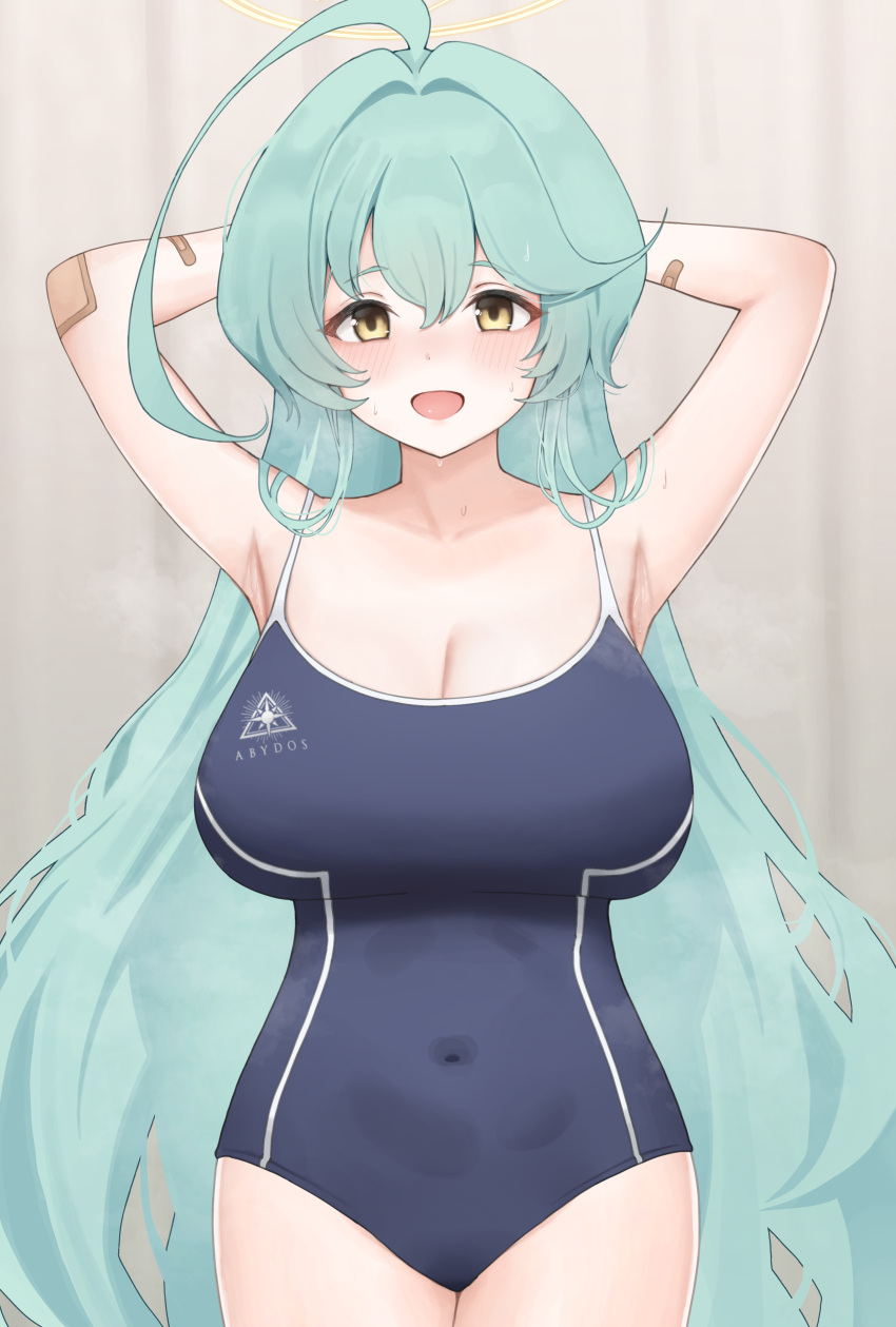 1girl absurdres ahoge armpits bare_arms bare_legs bare_shoulders black_one-piece_swimsuit blue_archive blush breasts collarbone cowboy_shot green_hair grey_background hair_between_eyes halo highres huge_ahoge jimwh37 large_breasts long_hair looking_at_viewer one-piece_swimsuit open_mouth school_swimsuit simple_background smile solo swimsuit yellow_eyes yellow_halo yume_(blue_archive)