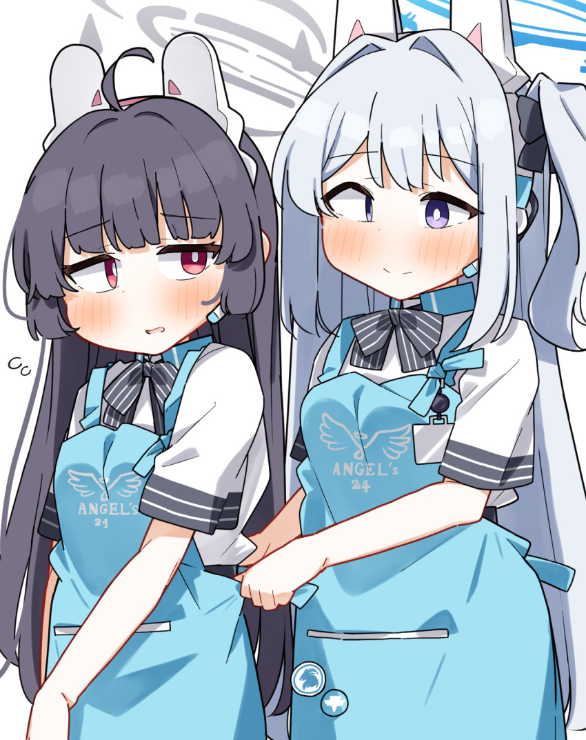 2girls ahoge angel's_24_uniform_(blue_archive) apron black_bow black_hair blue_apron blue_archive blush bow closed_mouth collared_shirt commentary_request dash_b employee_uniform flying_sweatdrops grey_hair hair_bow hair_intakes halo headgear highres long_hair miyako_(blue_archive) miyu_(blue_archive) multiple_girls one_side_up parted_lips purple_eyes red_eyes shirt short_sleeves simple_background smile striped_bow uniform very_long_hair white_background white_shirt