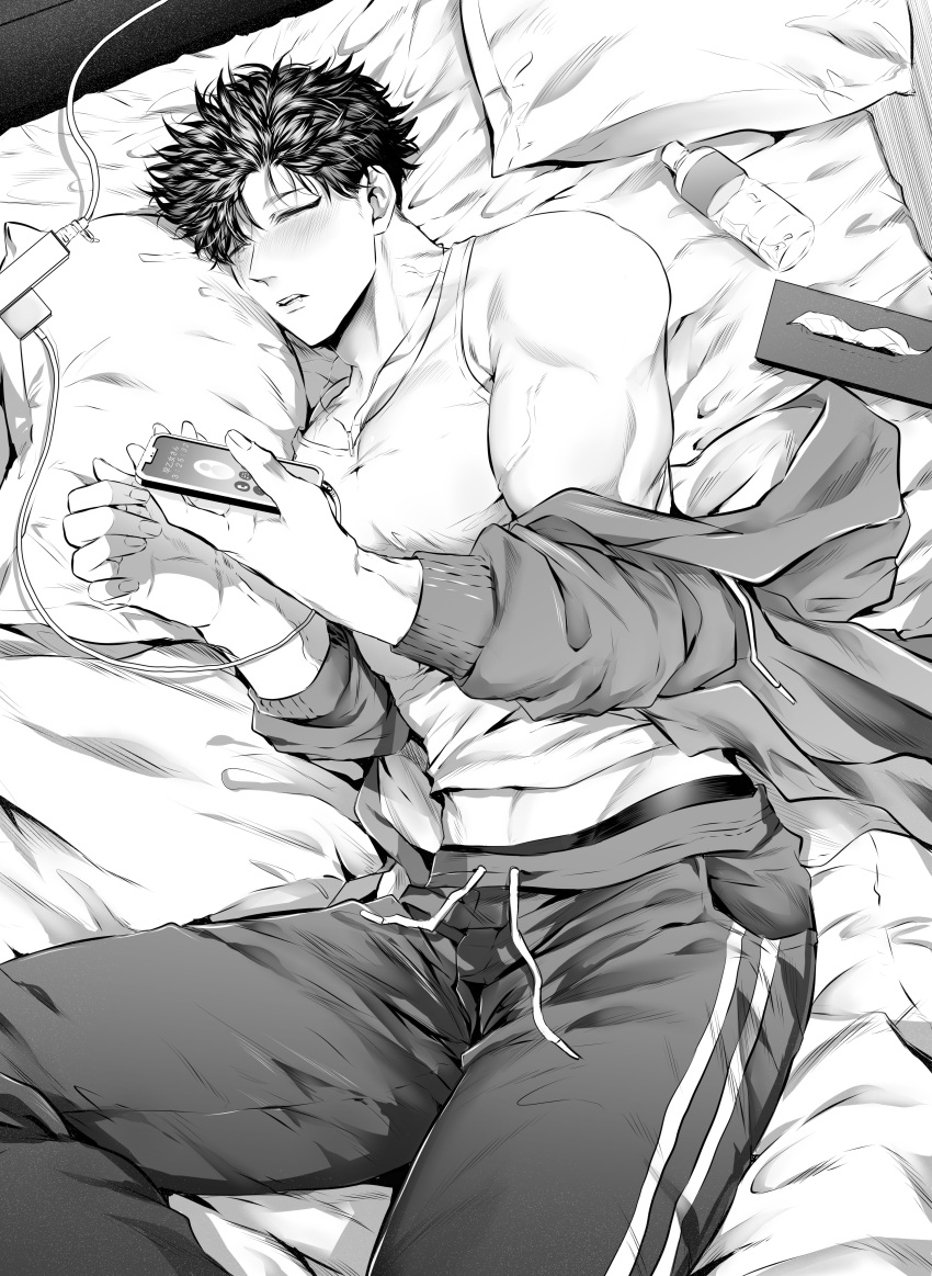 1boy absurdres bara bed blush bottle charging_device closed_eyes electrical_outlet greyscale highres holding holding_phone jacket large_pectorals lying male_focus monochrome muscular muscular_male off_shoulder on_bed on_side open_clothes open_jacket open_mouth original pants pectorals phone pillow short_hair sleeping sny_yrd67 solo tank_top